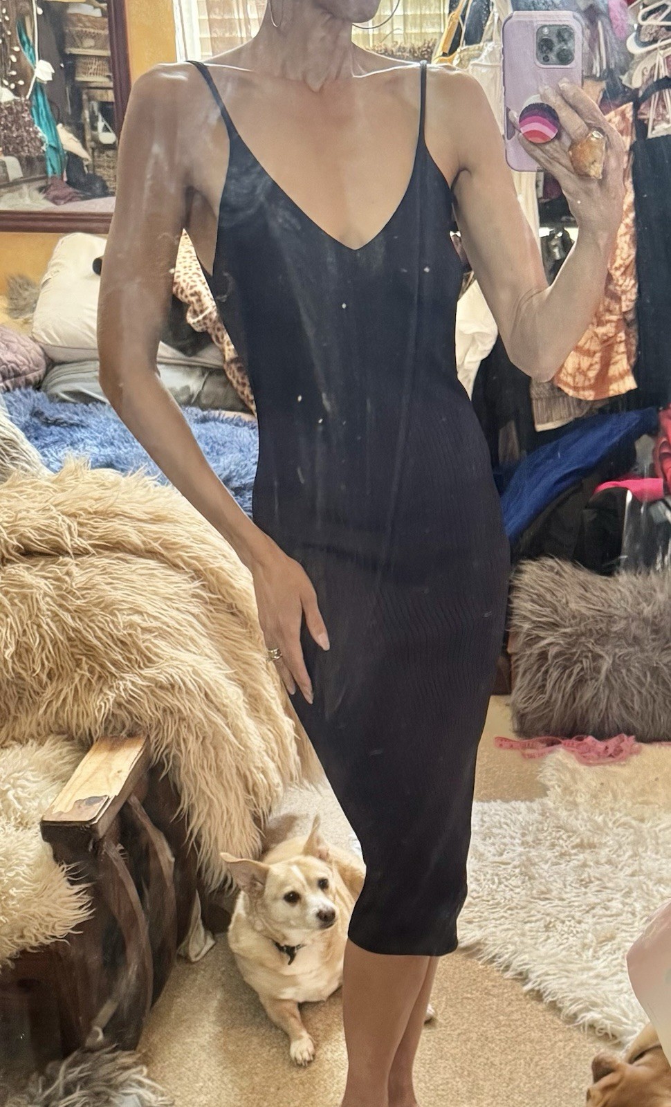 H&M Navy Blue Ribbed Midi Dress Viscose Polyamide V Neck NWT S