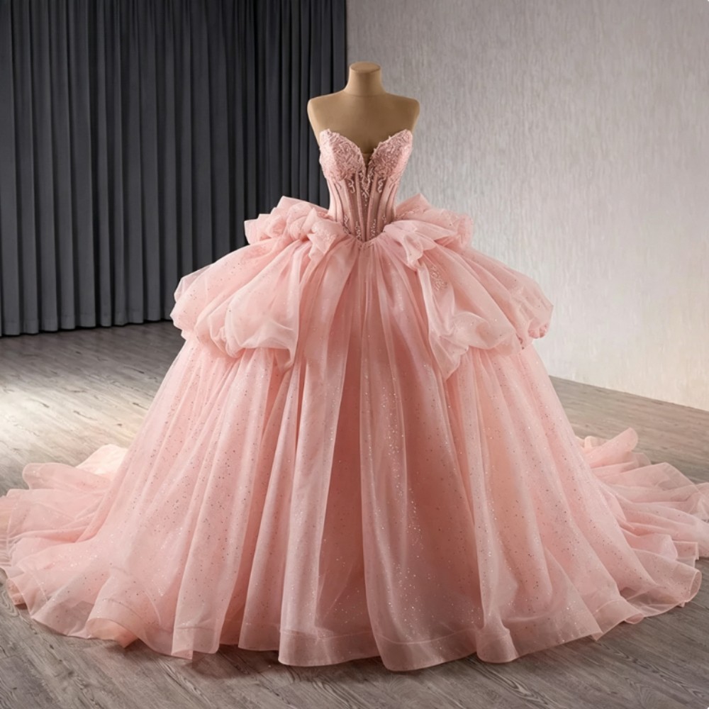 Elegant Strapless Quinceanera Dresses Glitter Tulle Court Train With Bow Custom