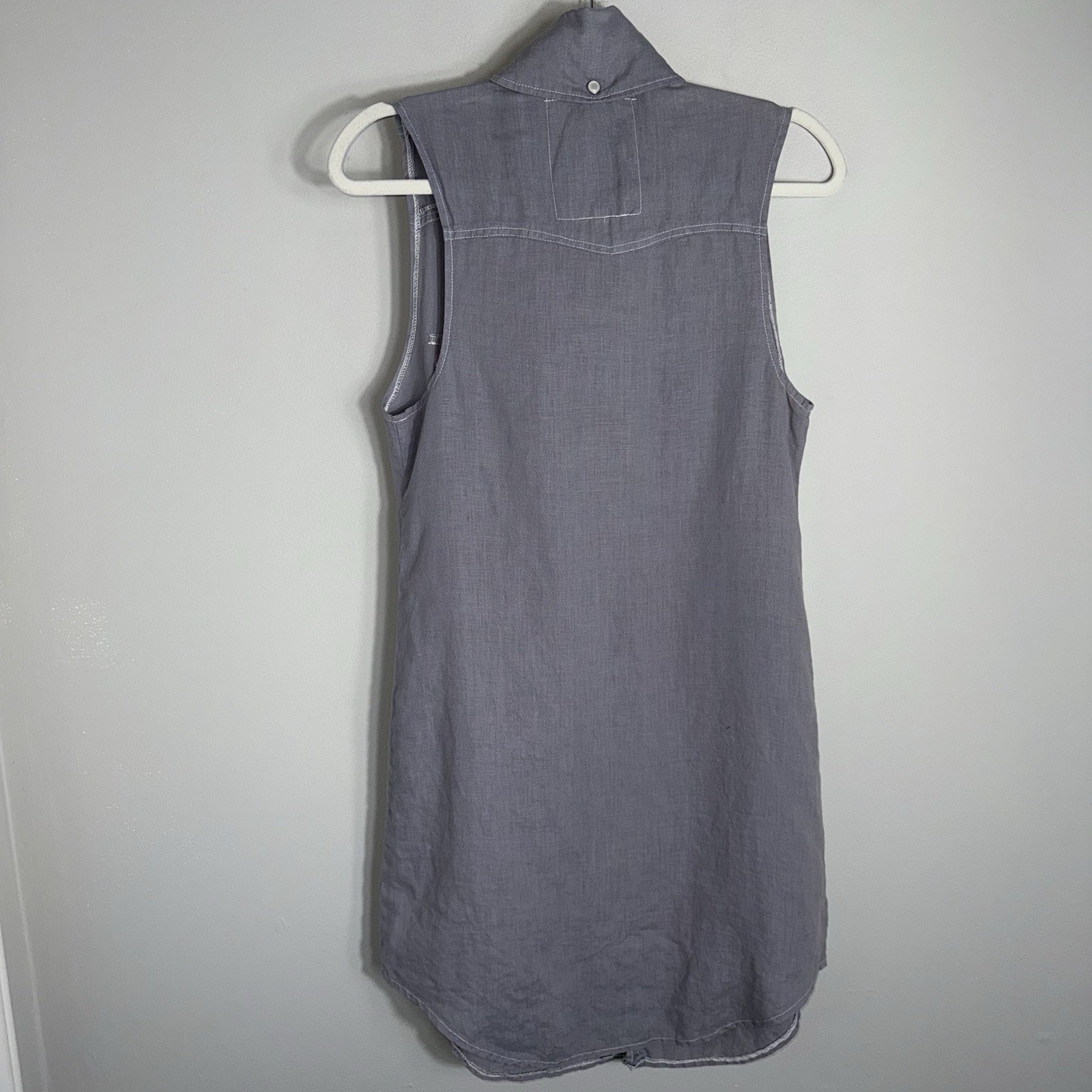 Pete & Greta-Johnny Was Sleeveless Linen Dress-Pearl Snap Front-Linen-Gray-Small