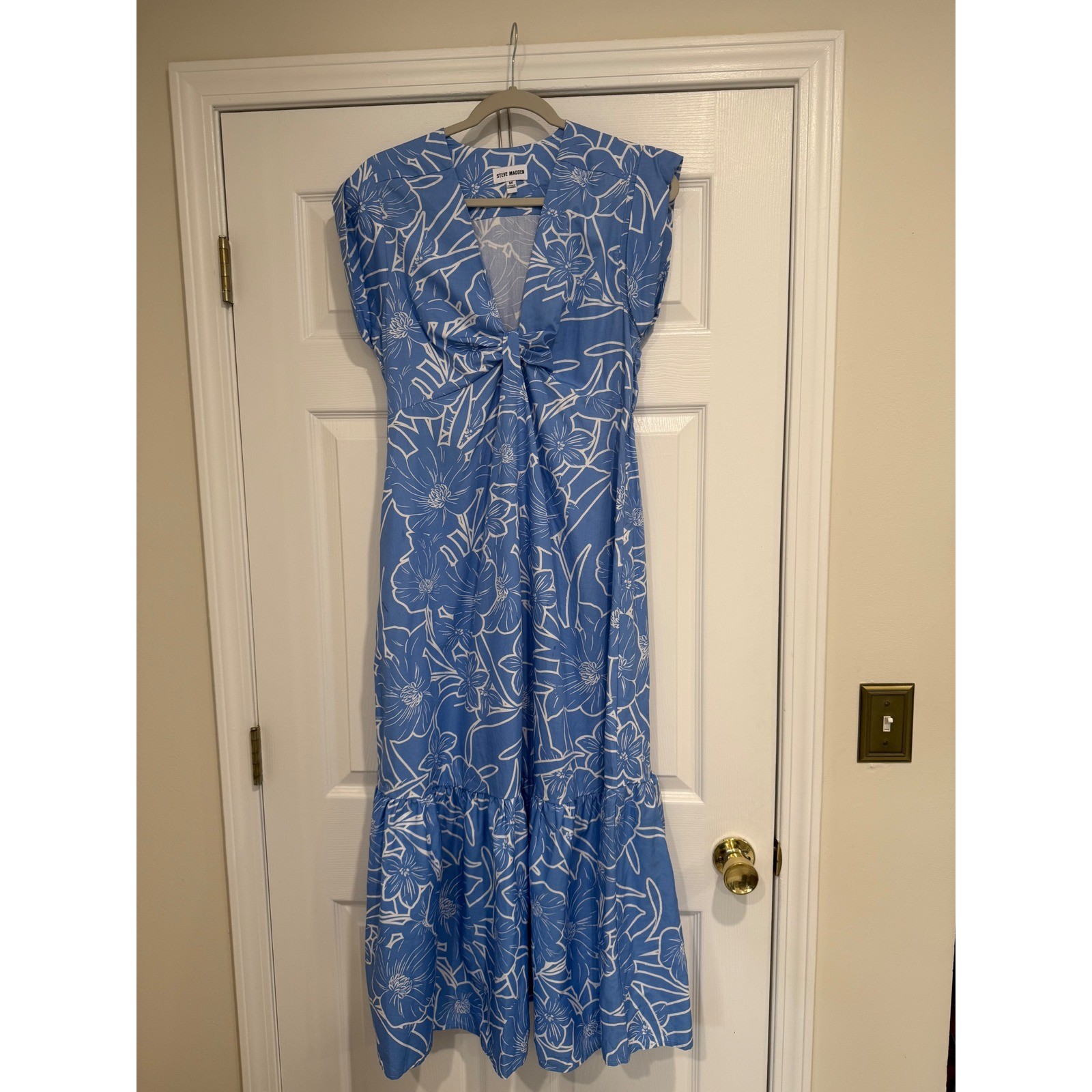Steve Madden Blue White Floral Cotton Maxi Dress Knot Front Tiered DO28989X Mens