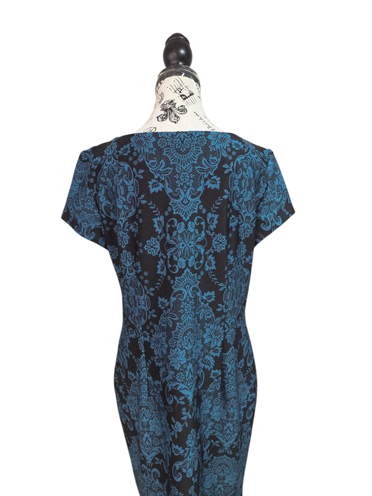 Studio One NY Ornate Teal Scroll Print Dress 14 Dark Academia Victorian Sheath