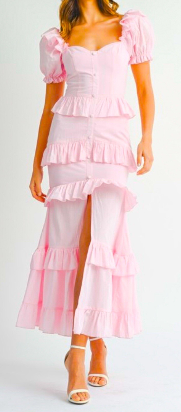Lovely Cream Pink Puff Sleeve Ruffle Women’s New Maxi dress New S,M,L