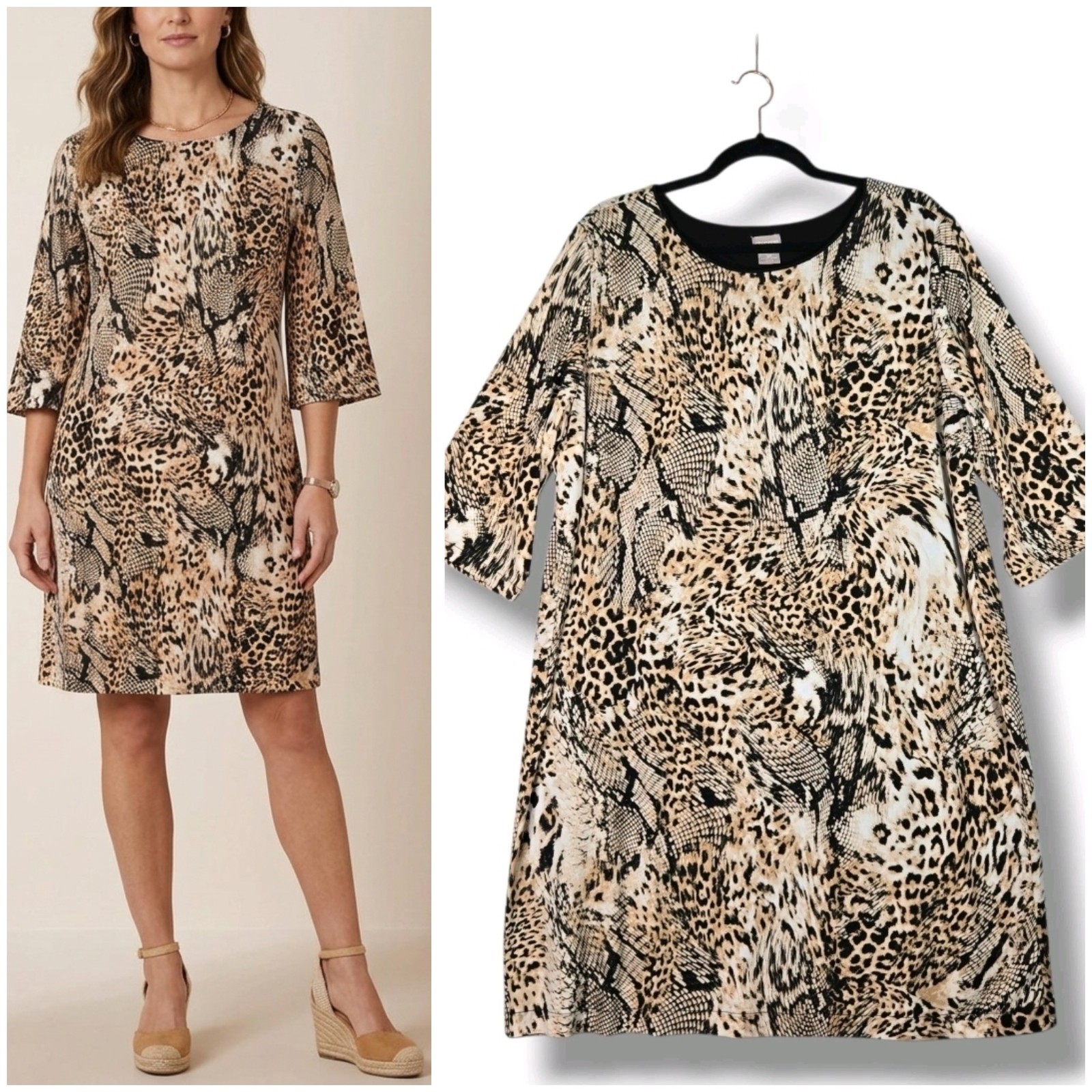 Chico’s Shift Dress Animal Print Elbow Sleeve Knee Length 3P 16 18 Petite XL