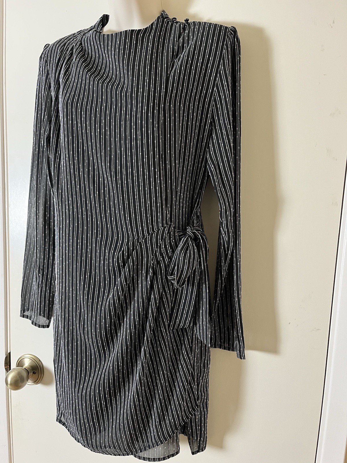 ASTR The Label M Faux Wrap Mini Black Dress Slit Back Mock Neckline Long Sleeve