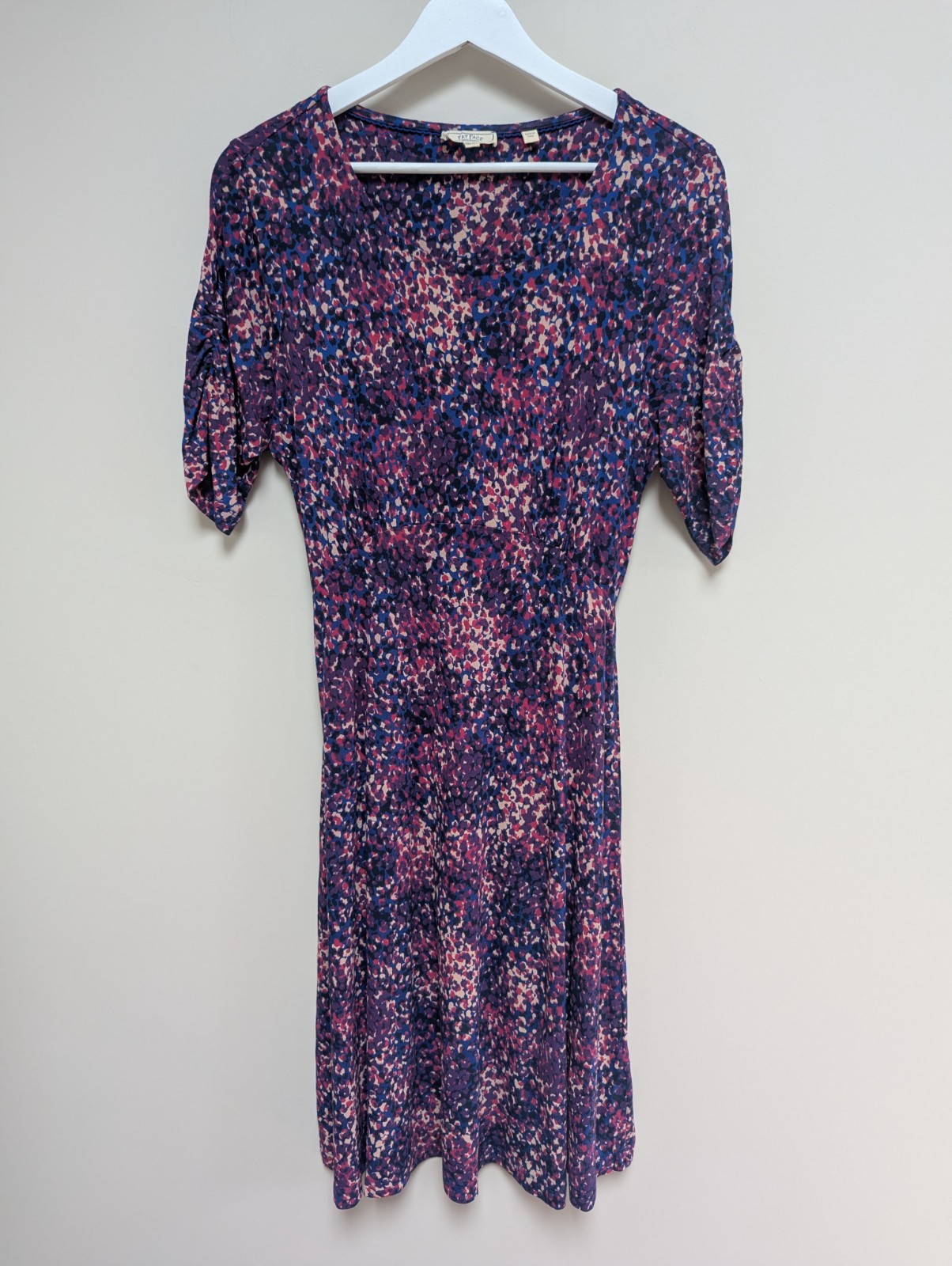 Fat Face Purple & Blue Abstract Print Dress Size 10 Jersey Stretch Ruched Sleeve