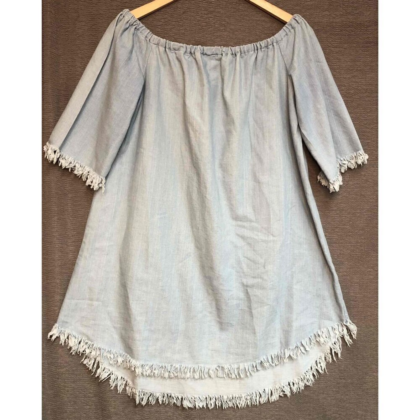 Umgee USA Light Chambray Frayed Sleeve Edge Off Shoulder Dress S