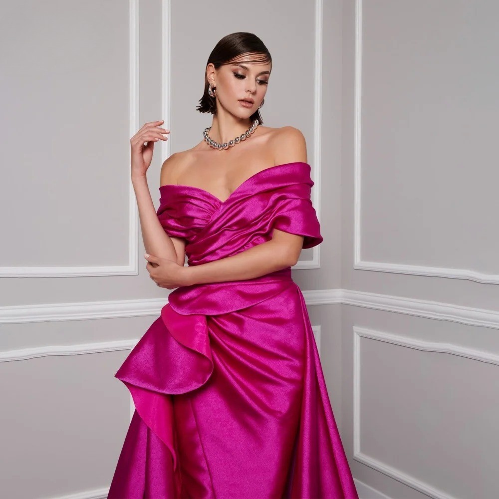 Red Elegant Evening dresses V-Neck Off the Shoulder Satin Pleating Side Split