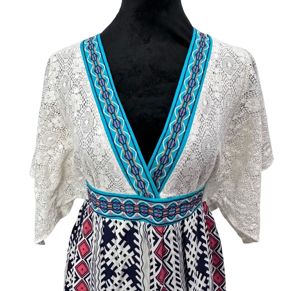 Flying Tomato Mini Dress Medium White Blue Pink Lace Boho Festival Tribal