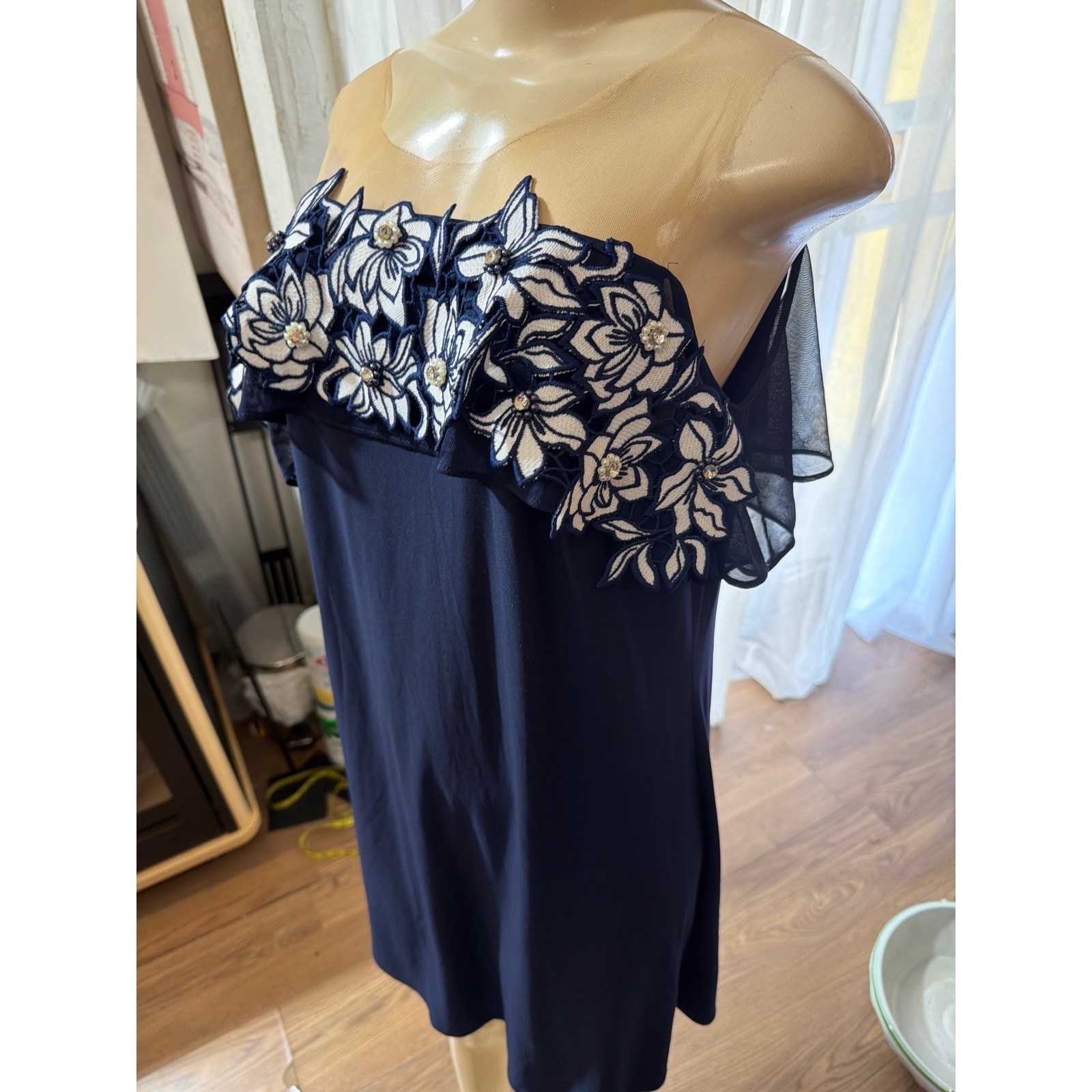 MSK Navy Blue Floral Lace Rhinestone Illusion Neck Cold Shoulder Dress Large