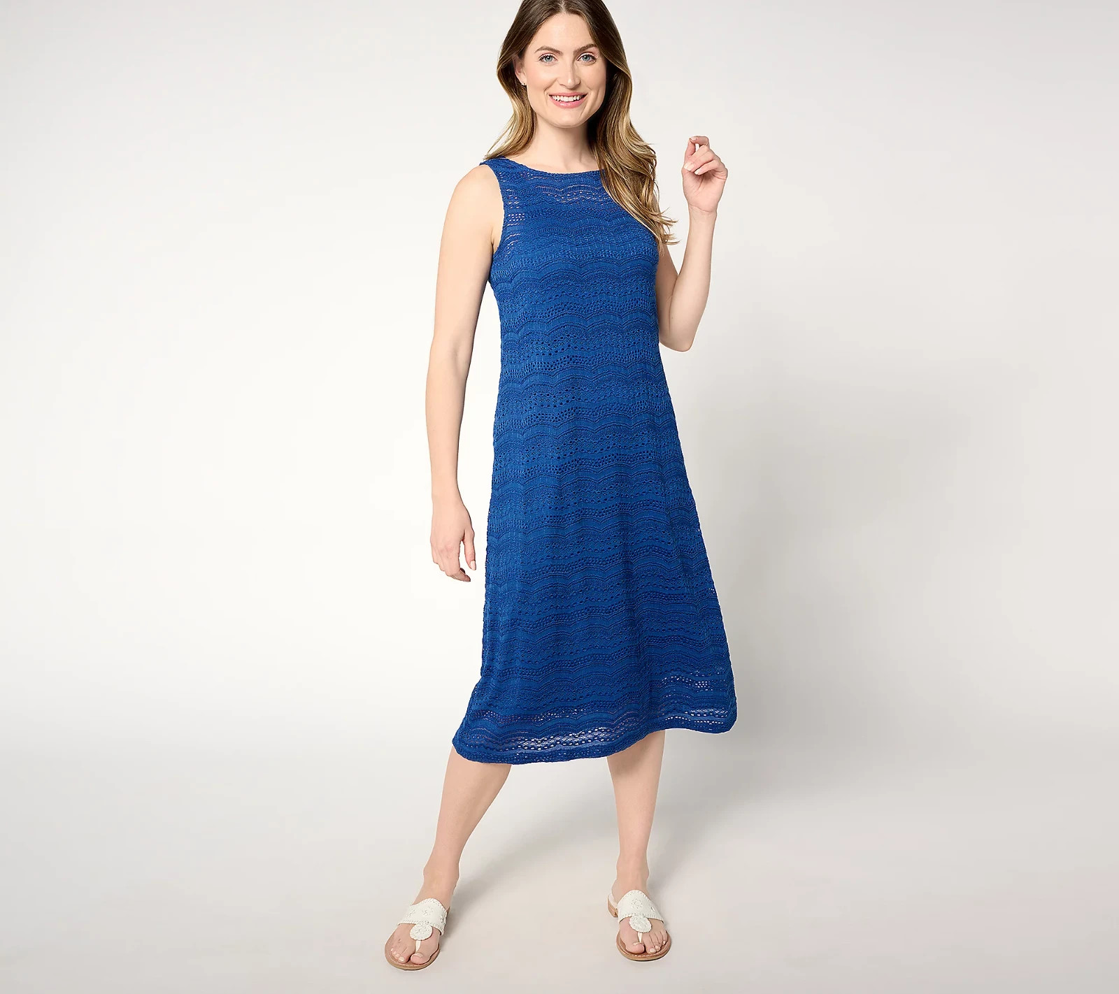 CA590 Susan Graver Passport Reg Knit Crochet Lace Midi Dress with Cami Slip 1X