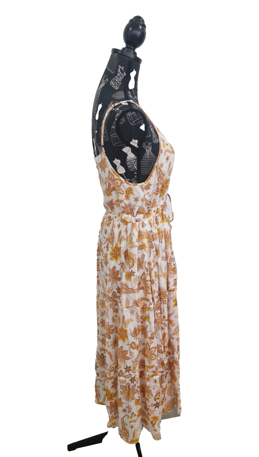 Ghanda Cotton Midi Dress Womens S White Orange Floral Button Tie Waist