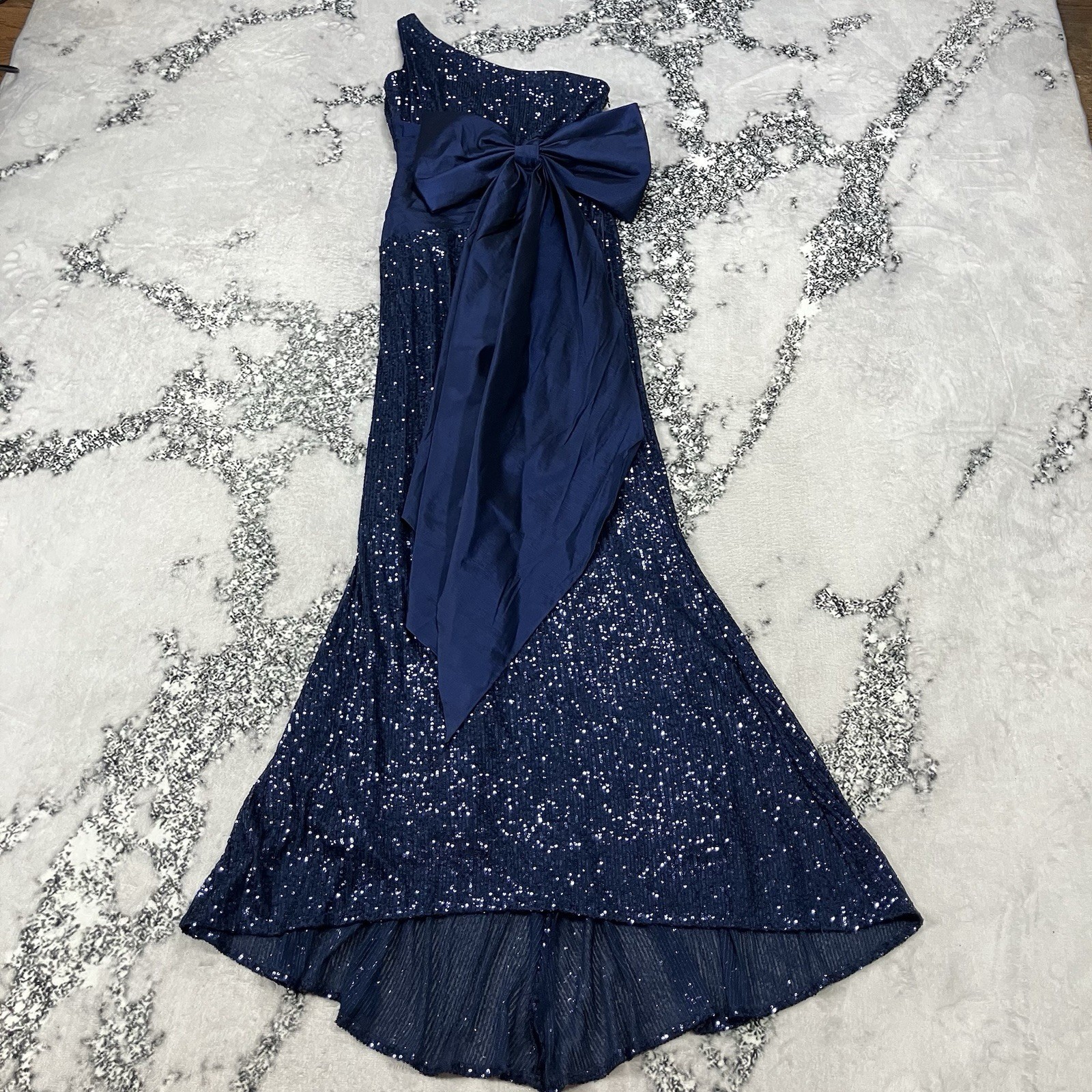 Eliza J Navy Sequin One Shoulder Bow Formal Cocktail Dress Womens Size 4 Gown