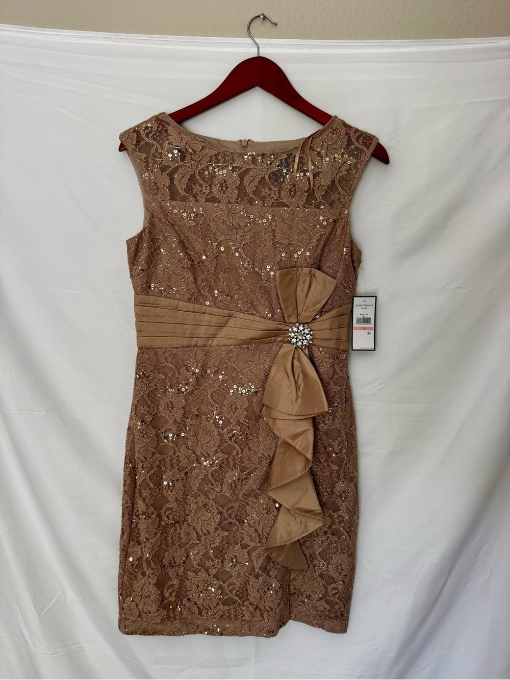 Jessica Howard Petite Sequined Lace Sheath Dress Champagne Gold Bow 10P NWT