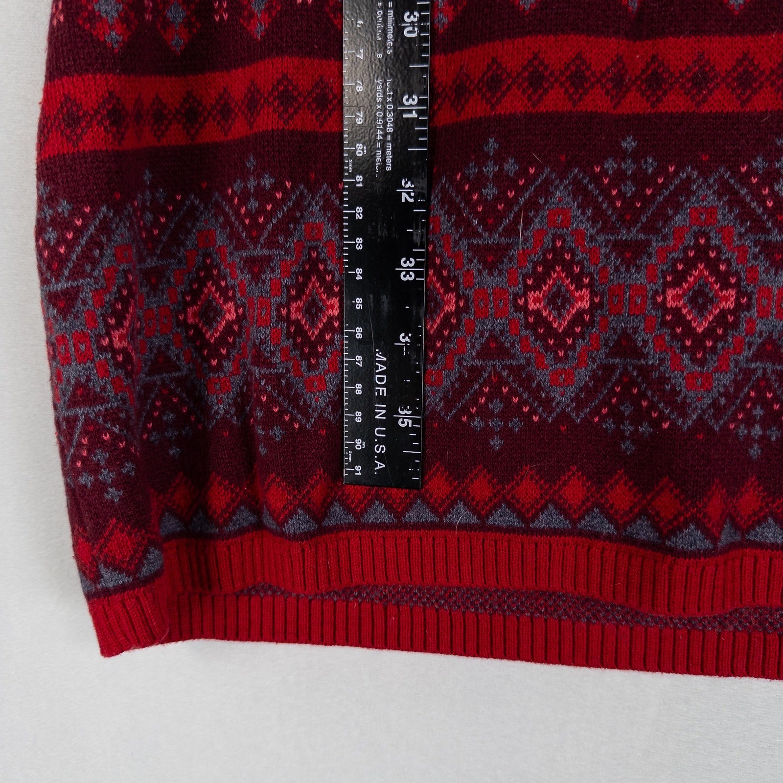 Athleta Womens Sweater Dress Small Red Grey Fair Isle Knit Split Neck 3/4 Sleeve