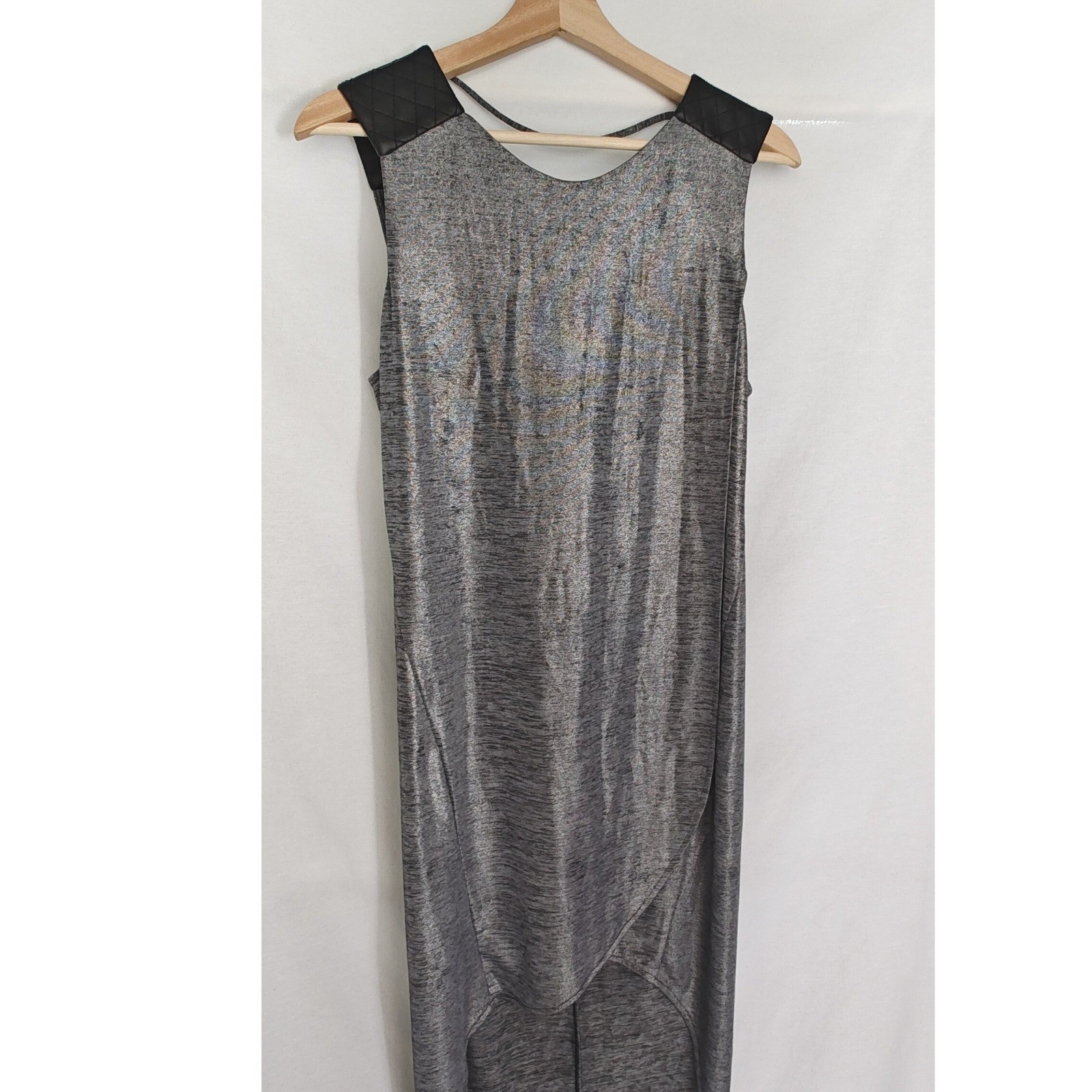 BCBGeneration Dress Grey Metallic Quilted Faux Leather Detail Shift High Low M