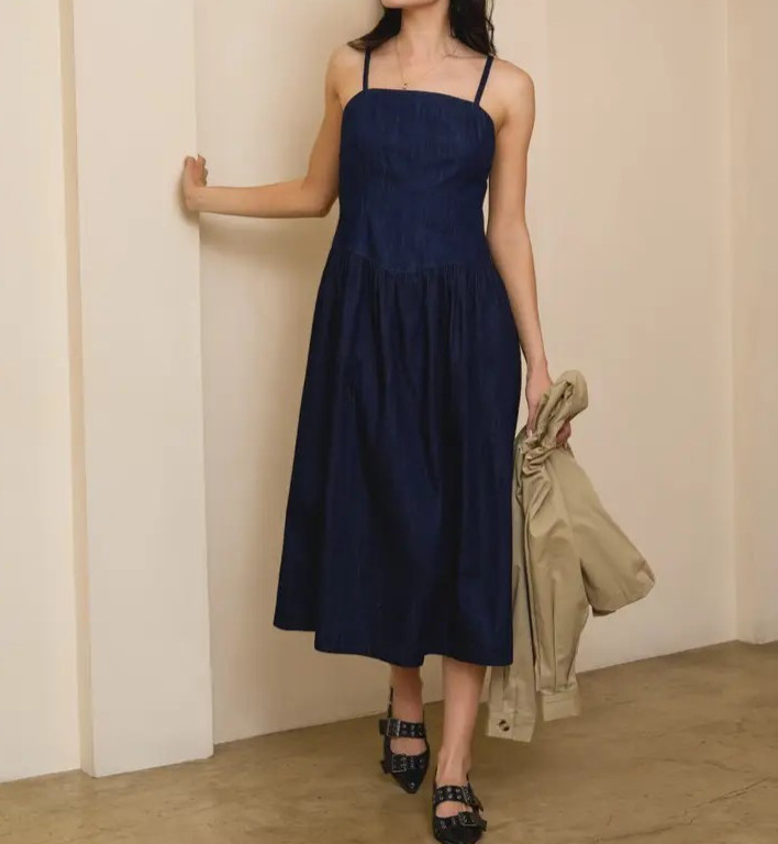 Sunday Edition Denim Pointy Waist Sleeveless Midi Dress MEDIUM Dark Blue Zipper