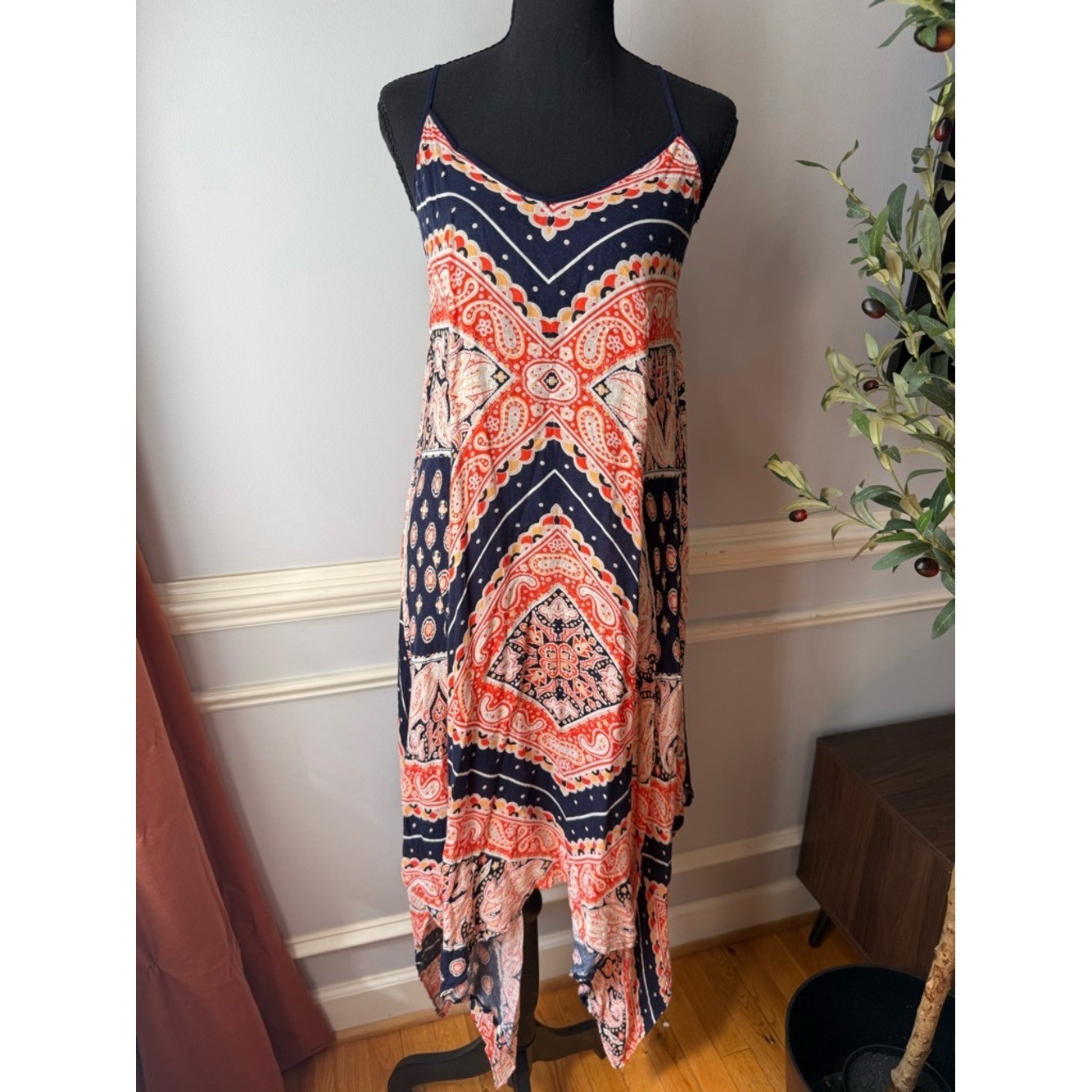 Lumiere Boho Paisley Midi Dress Handkerchief Hem Tie Back S