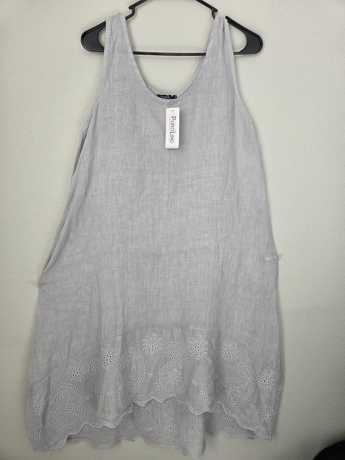 Puro Lino Dress Gray 100% Linen Braided Trim Coastal Breathable Made in Italy