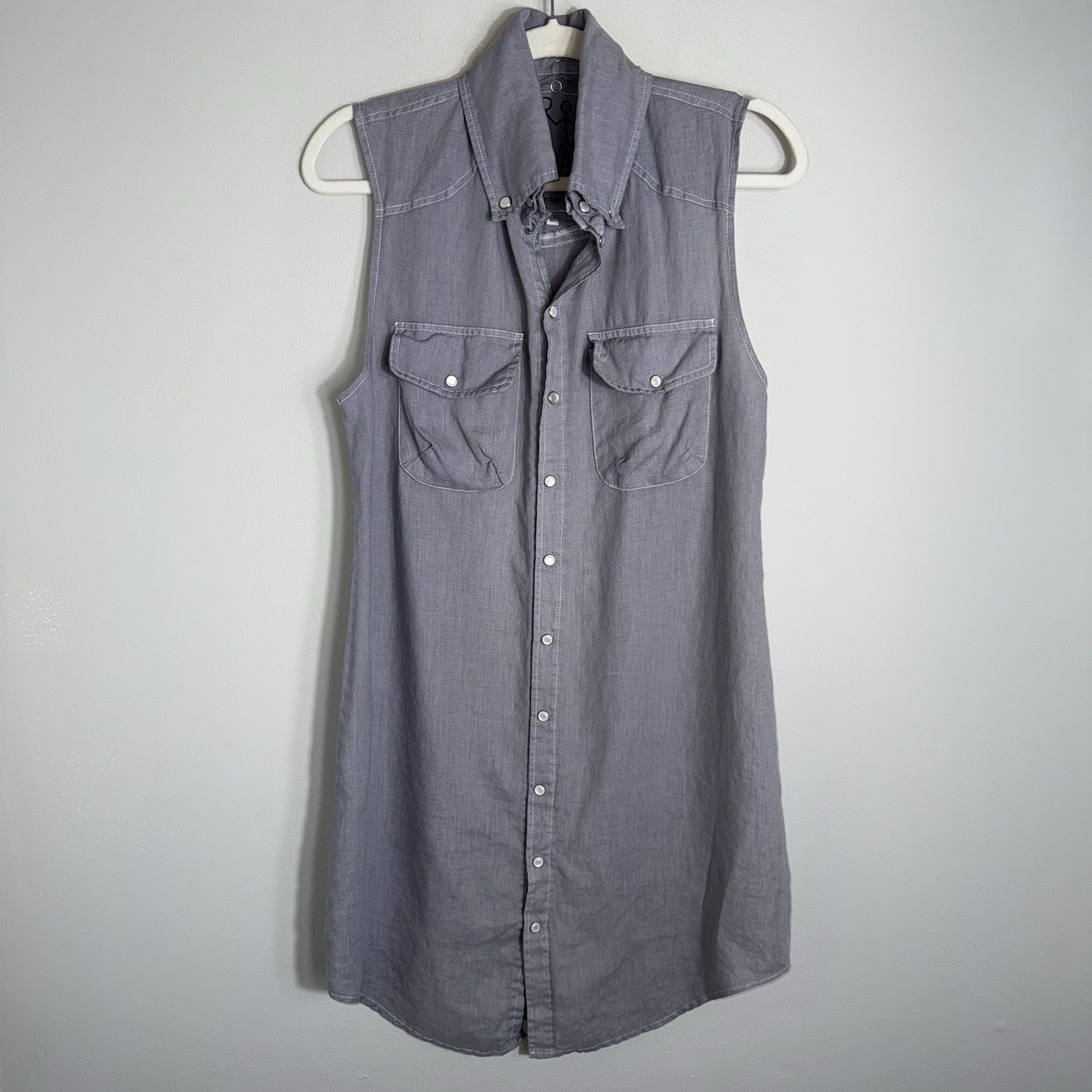 Pete & Greta-Johnny Was Sleeveless Linen Dress-Pearl Snap Front-Linen-Gray-Small