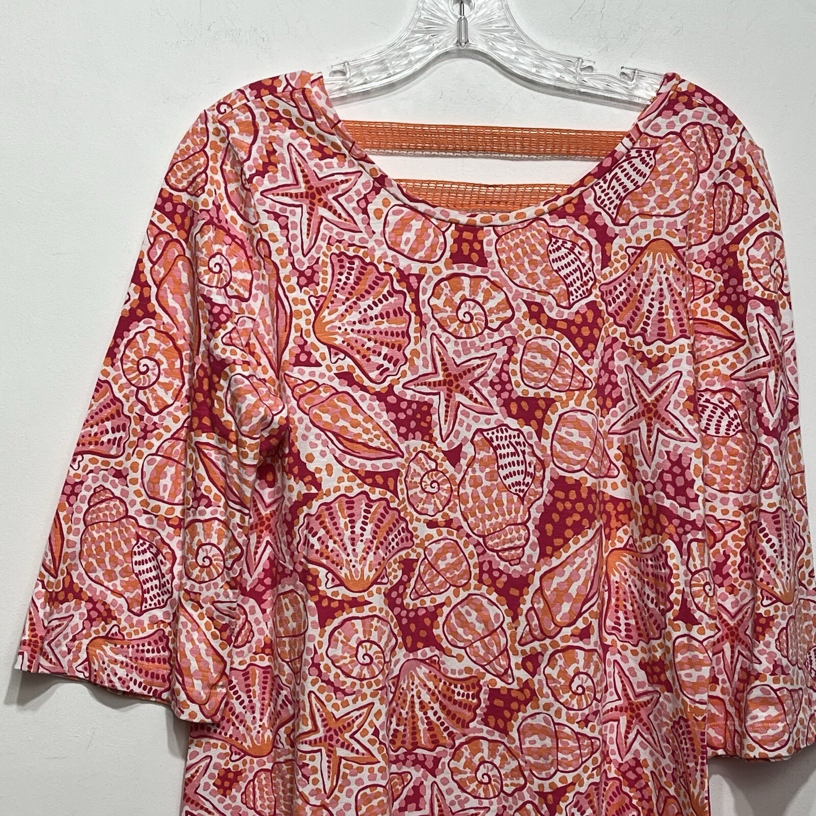 Hatley Pink Orange Seashell Print 3/4 Sleeve Shift Dress Women L/G
