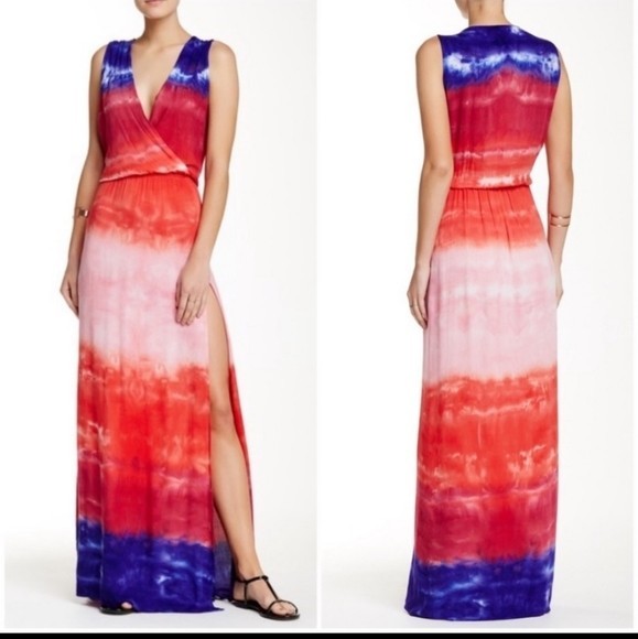 Young Fabulous & Broke Ombre V-Neck Maxi Dress Red Indigo Blue Fuschia Medium
