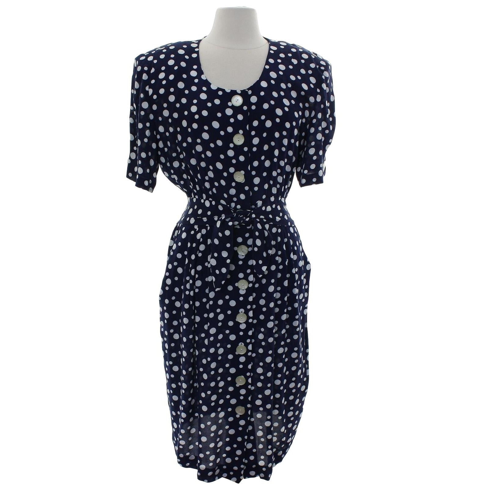Vintage 80s Women’s 14 Karin Stevens Polka Dot Rayon Dress Navy White Tie