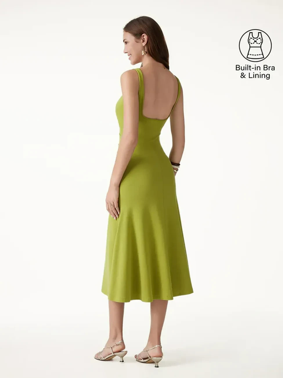 OGL Square Neck Tucked Open Back Bra Dress, Deep Chartreuse Green – Freeship