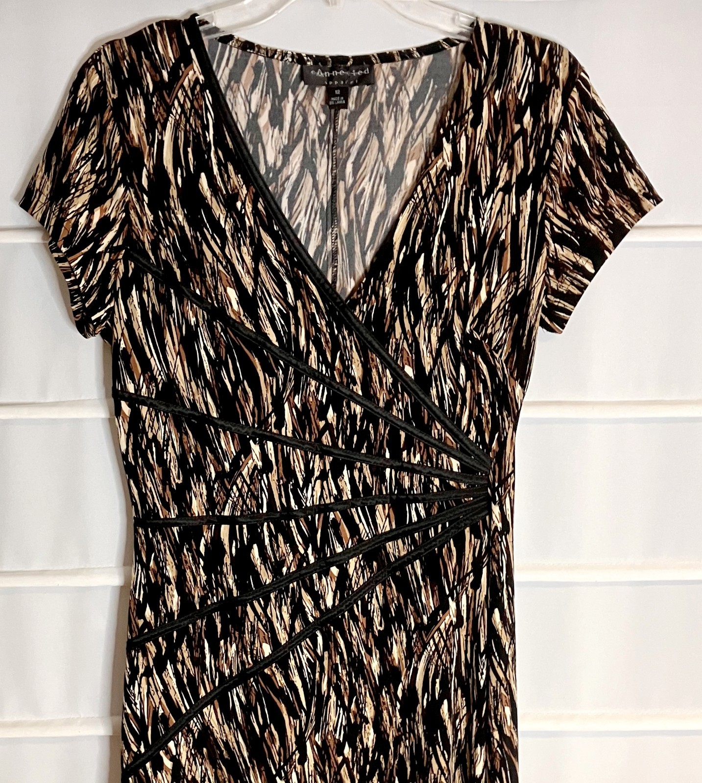 Connected Apparel Black Beige Brown SS Stretch Polyester Pullover Dress 12 EC!