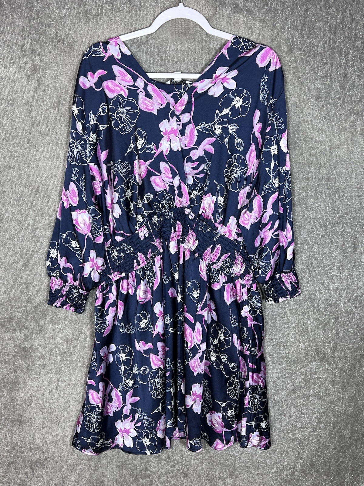 Ophelia Roe Smocked Crossover V-Neck Dress Womens Size 2X Blue Pink Floral