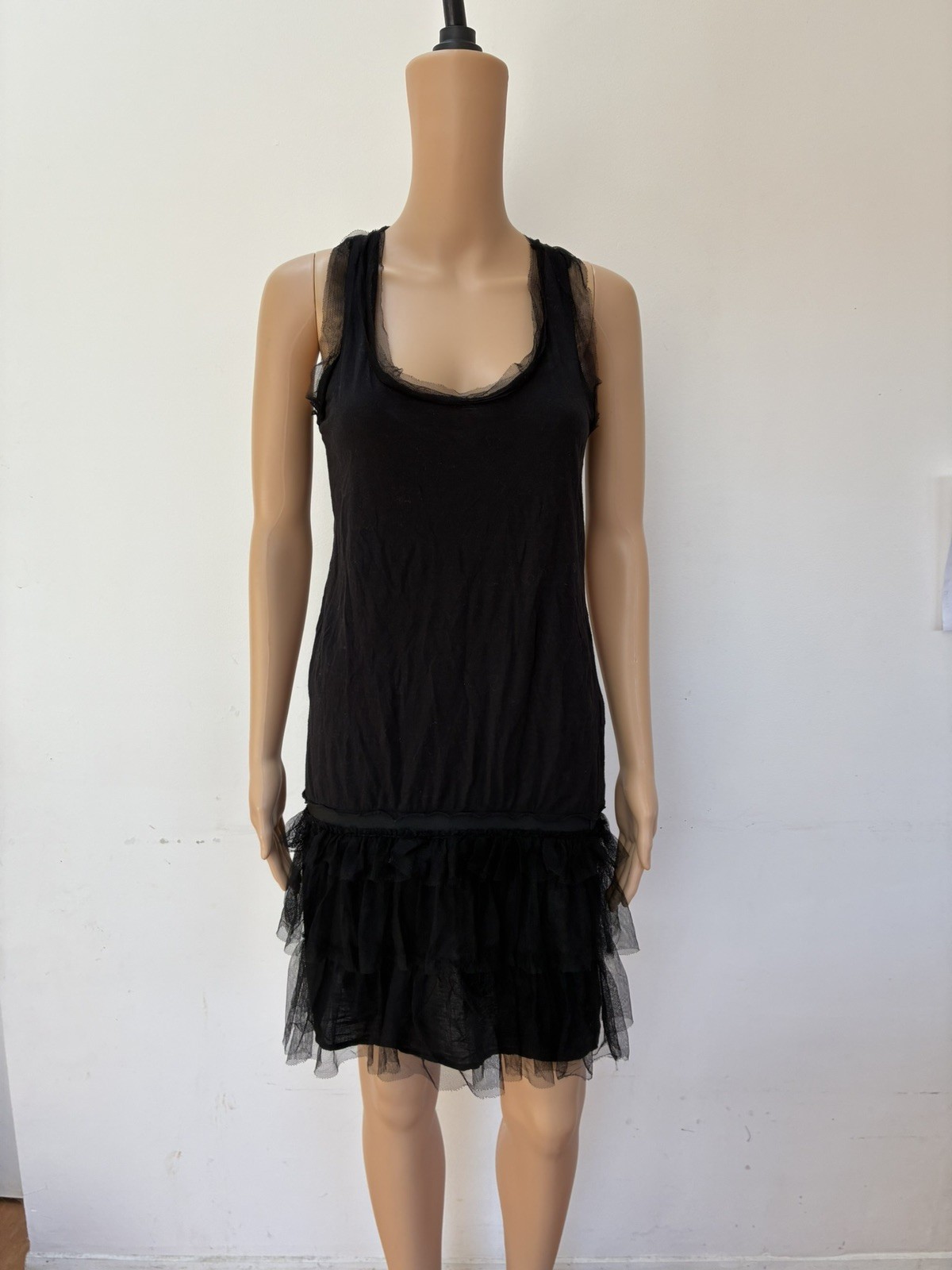 Lanvin ete 2008 black cotton racerback tulle ruffle mini tank dress XS