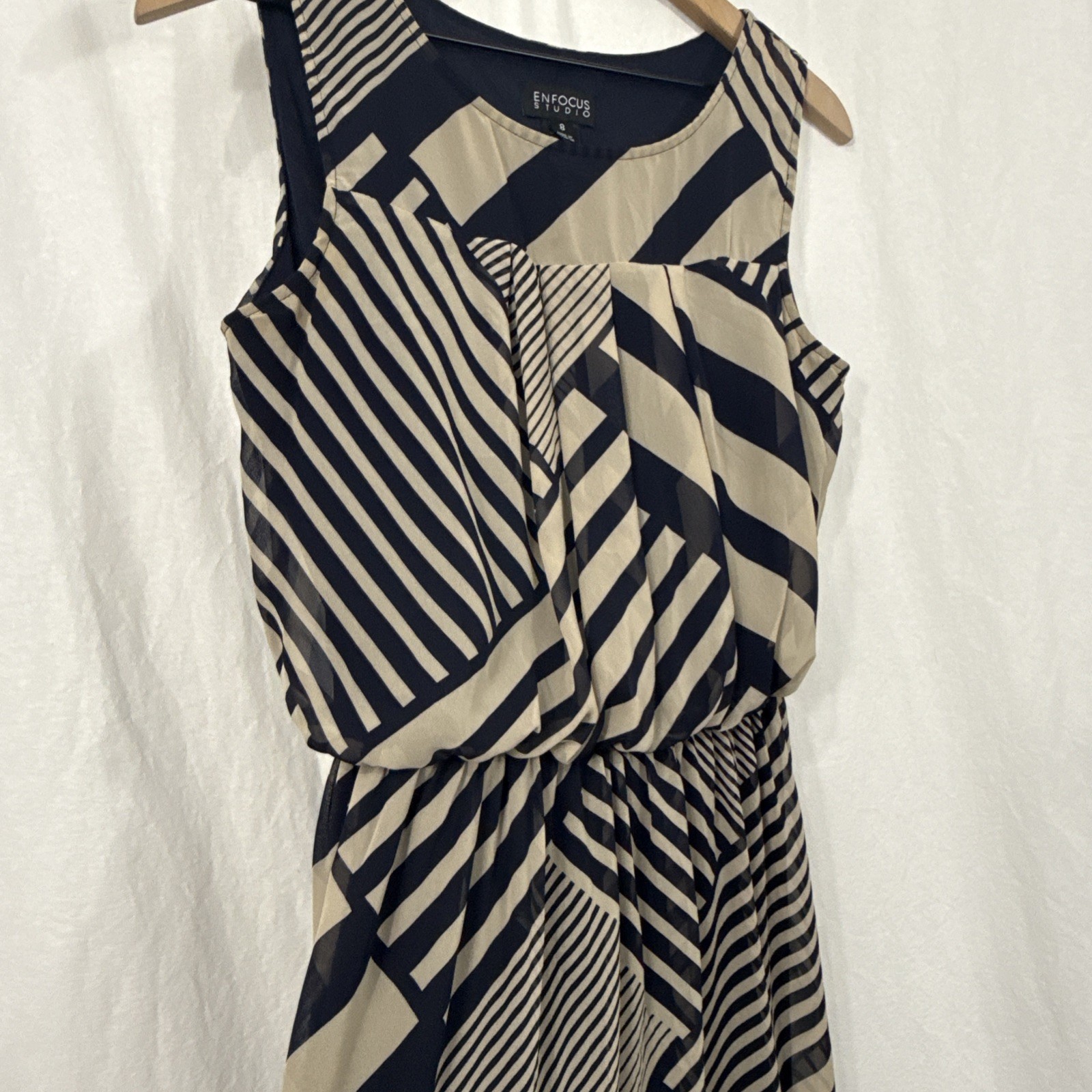 En Focus Studio Women’s Tan-Navy Blue Maxi Sleeveless Long Dress Geo Print Sz 8