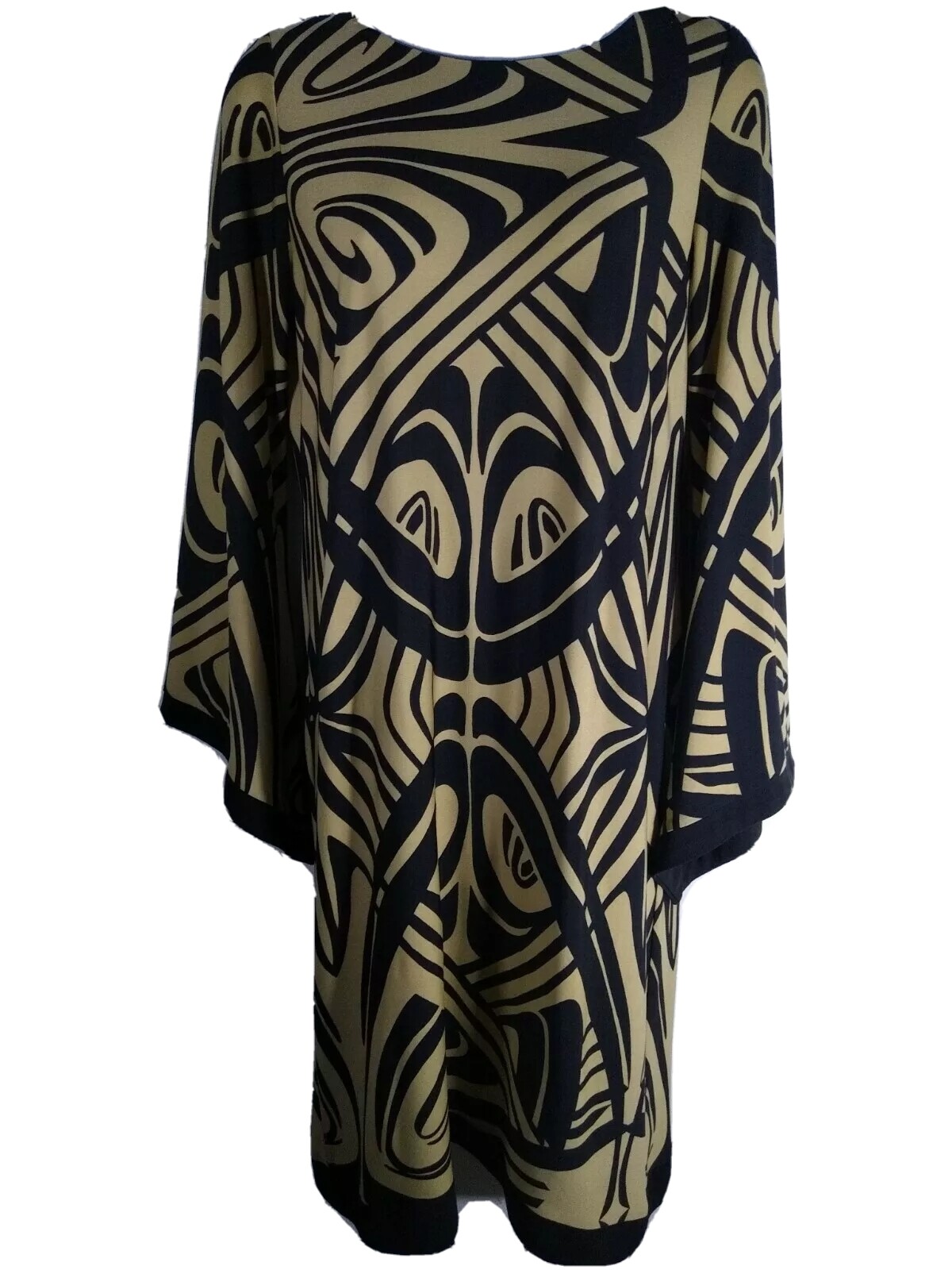 Emma & Michele Brown Black Print Dress Stretch A line Angel Retro Small