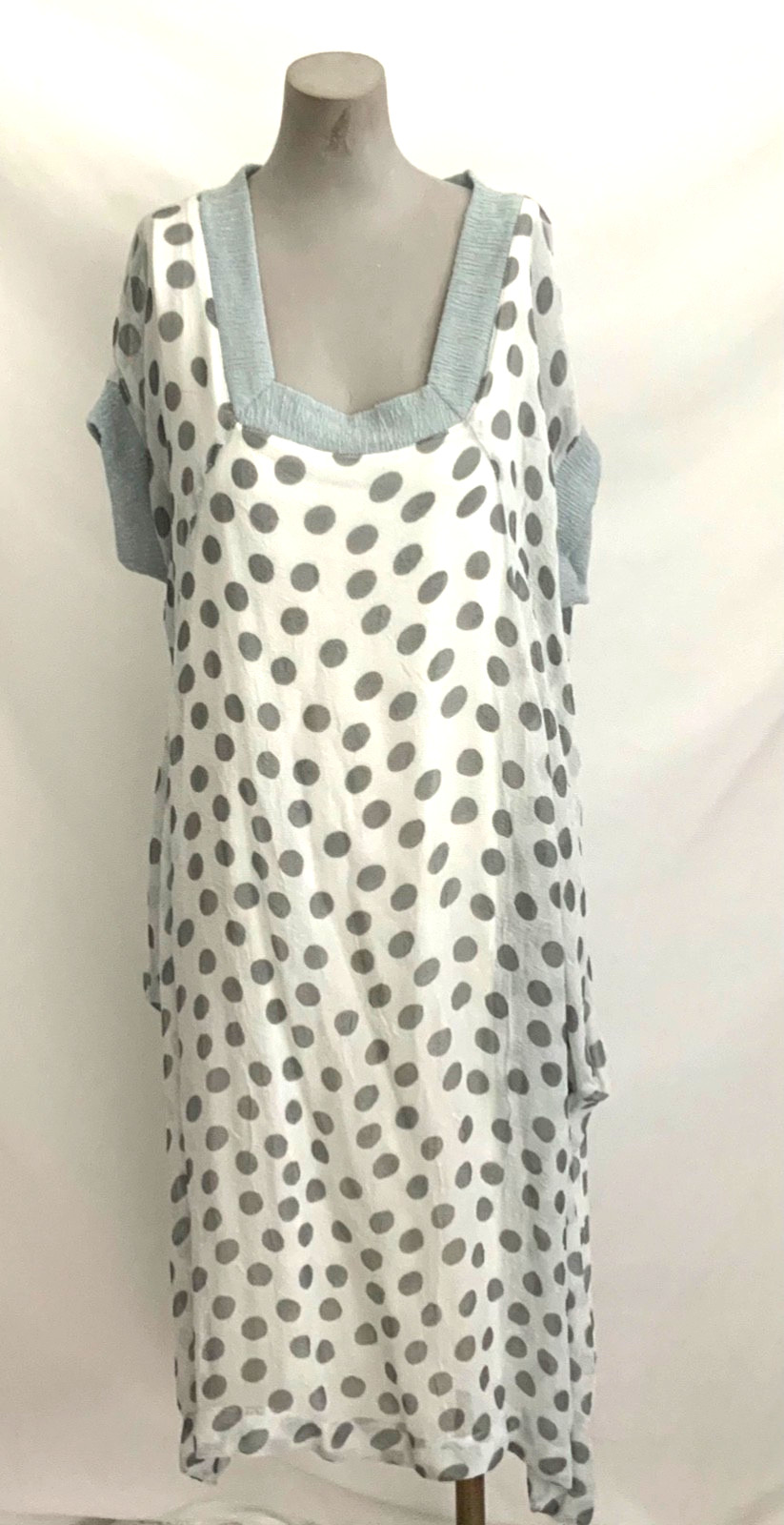GERSHON BRAM BUBBLE MIDI DRESS-SHORT SLEEVES-WHITE & GREY-POLKA DOTS-SZ L-NWT