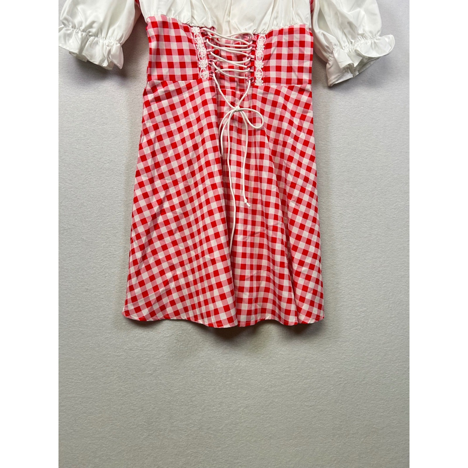 Mod Red Gingham Off Shoulder Lace Up Puff Sleeve Dress Size S NWT