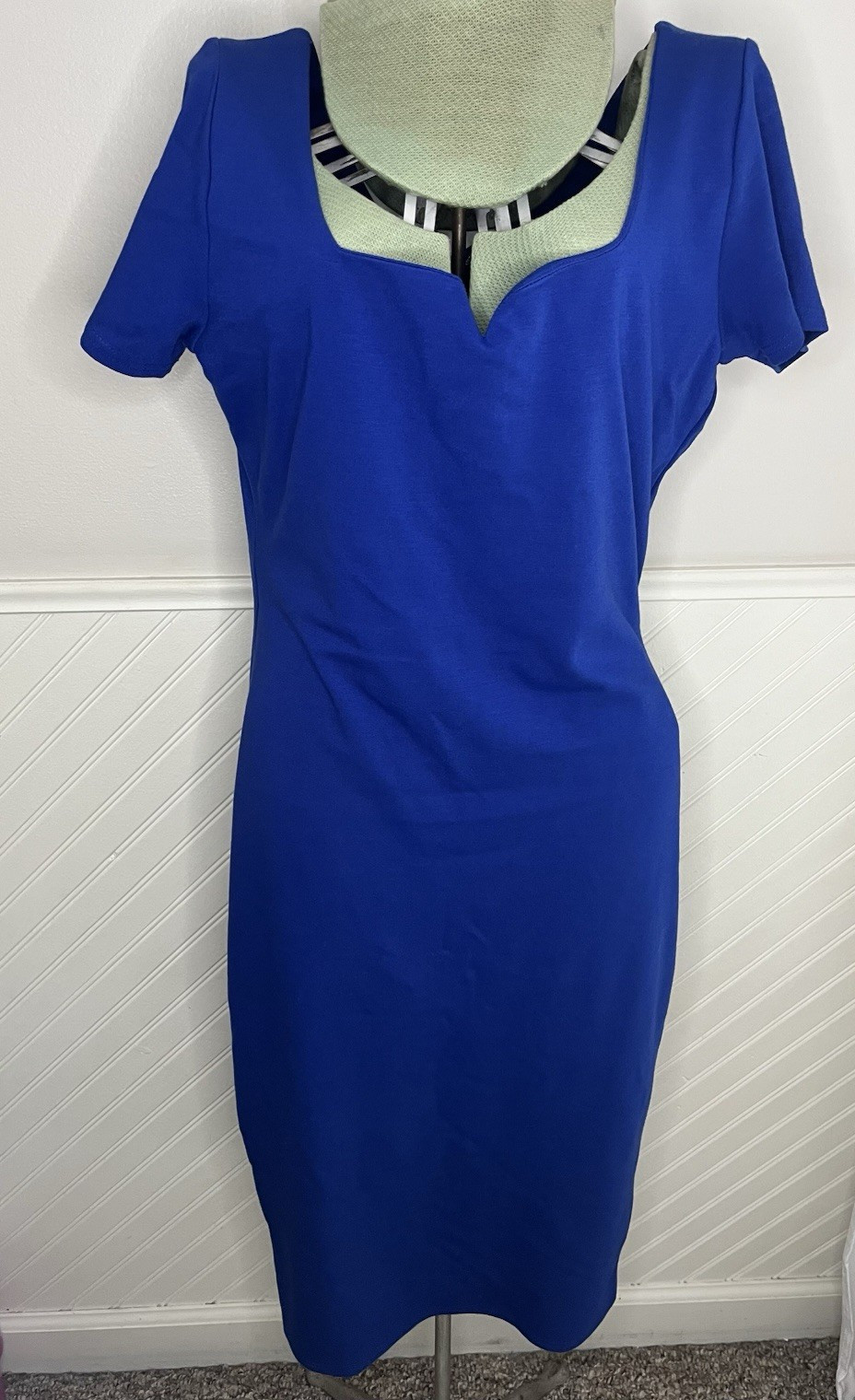 Unique Vintage Blue Solid Short Sleeve V-Neck Sheath Midi Zip Dress XL