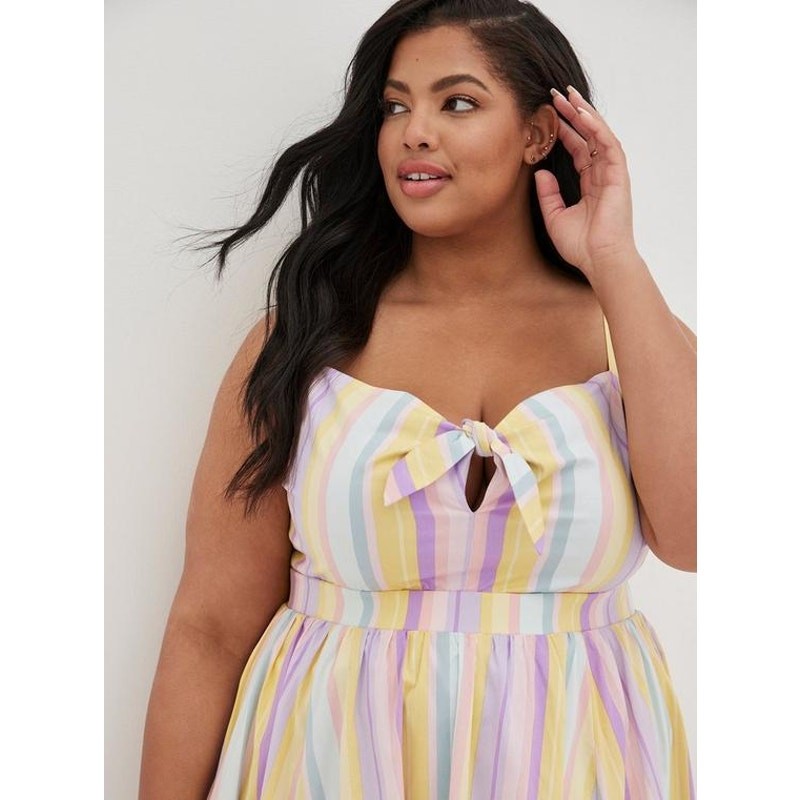 TORRID Pastel Rainbow Stripe Poplin Tie Front Skater Dress Pockets Size 2X 2