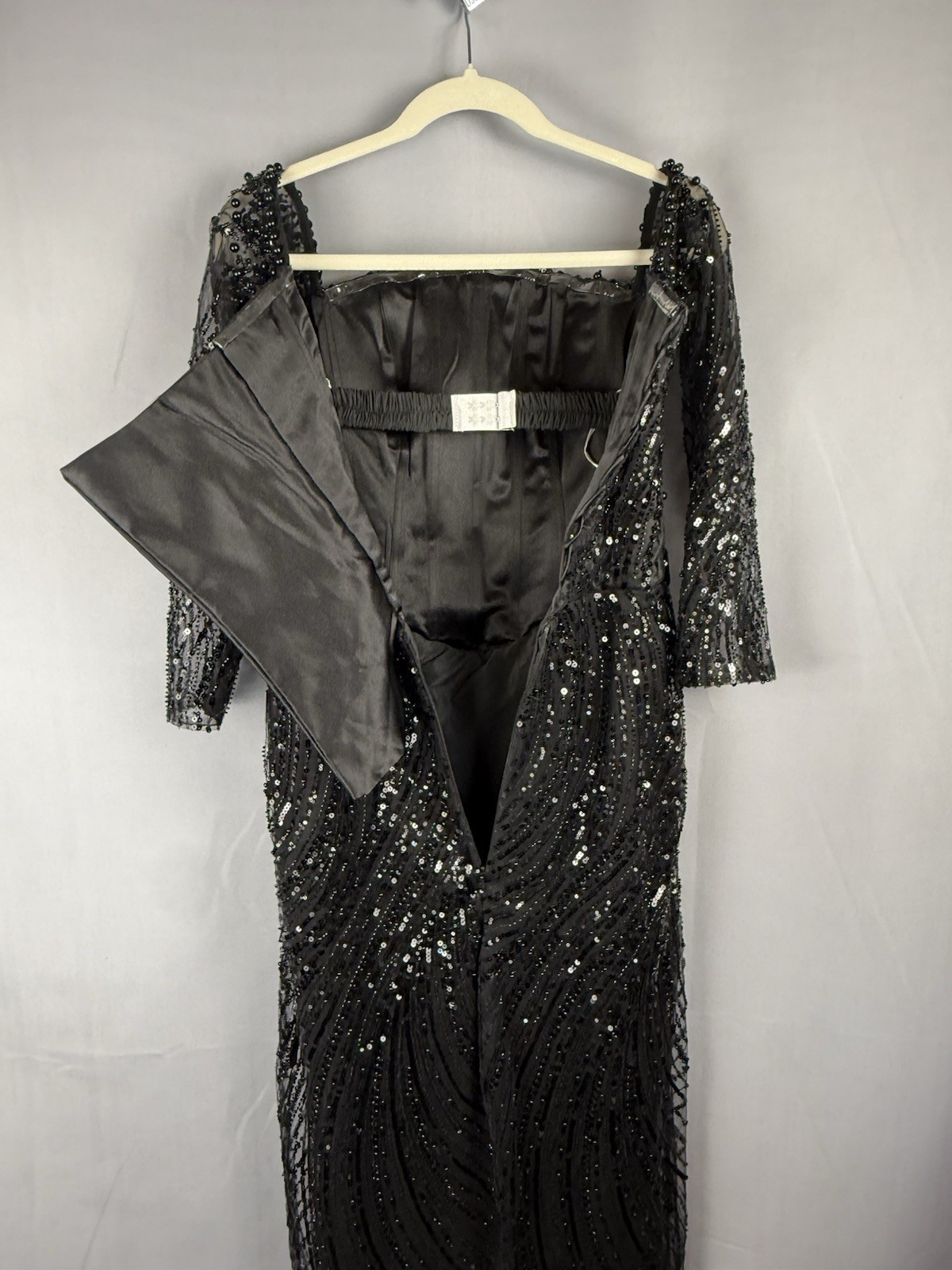 Black Beaded Sequin Sheer Midi Dress Lace Back Formal Party S Small