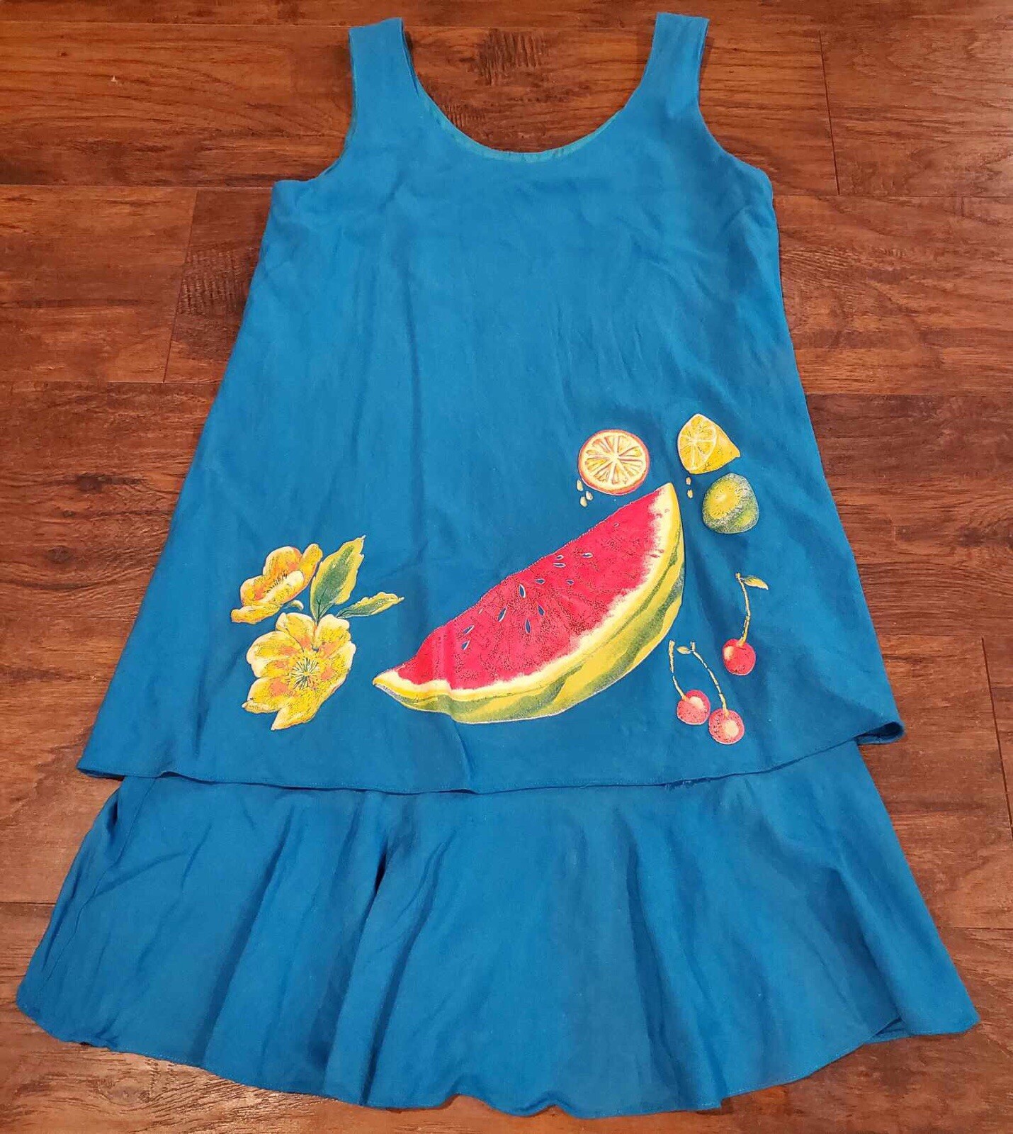 Vintage 90s Jeffrey and Dara Fruit Print Layered Shift Tank Dress Size 6