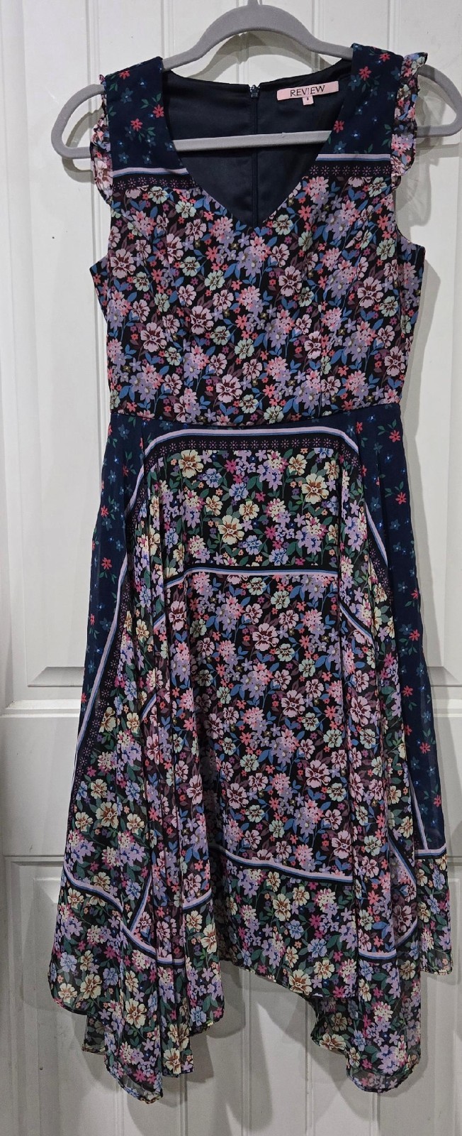 Review Australia Vionnet Floral Dress Size 8 Blue/ Purple Handkerchief Hem -EUC