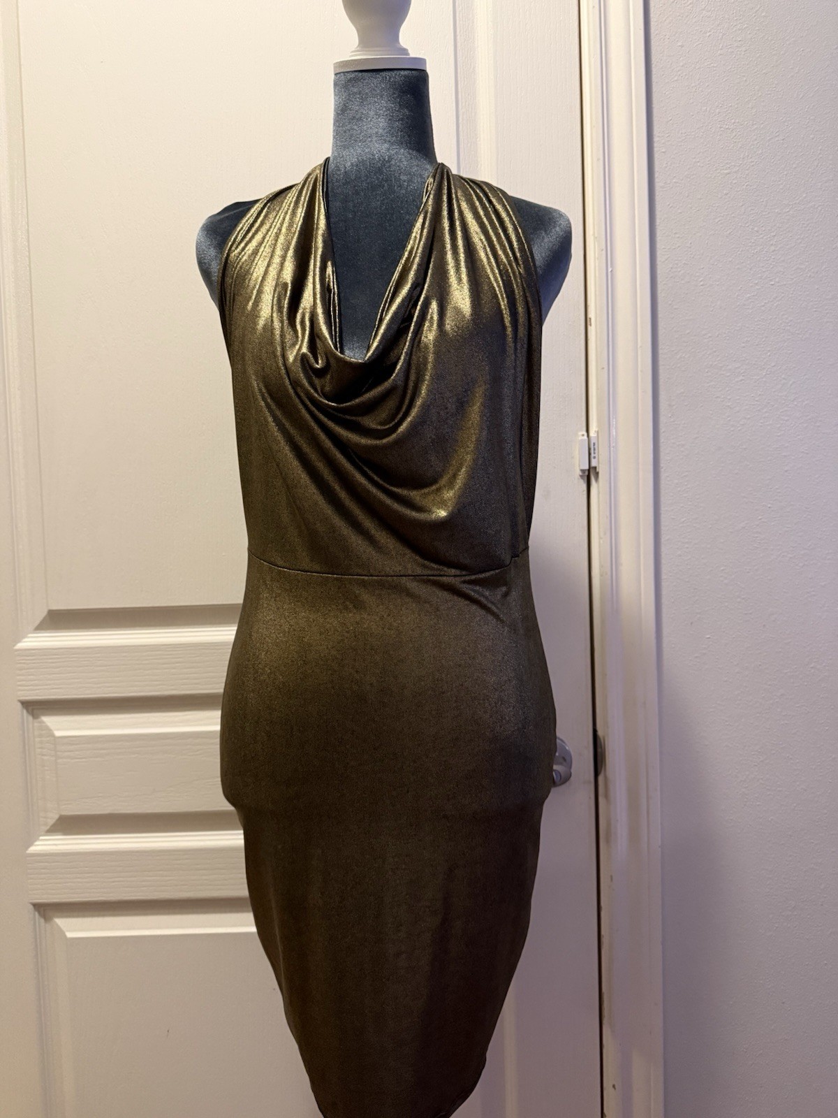 Blue Gold Metallic Halter Cowl Neck Bodycon Sheath Knee Length Stretch S