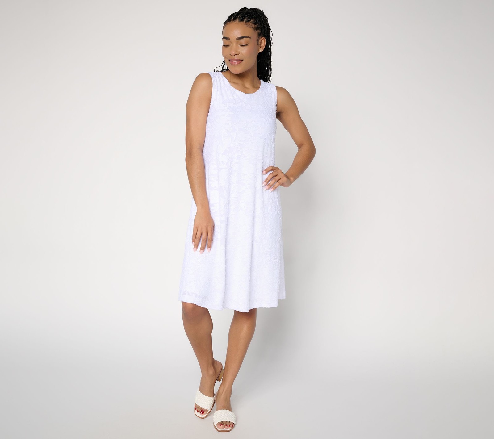 Susan Graver Tall Burnout Knit Sleeveless A-Line Dress White M New