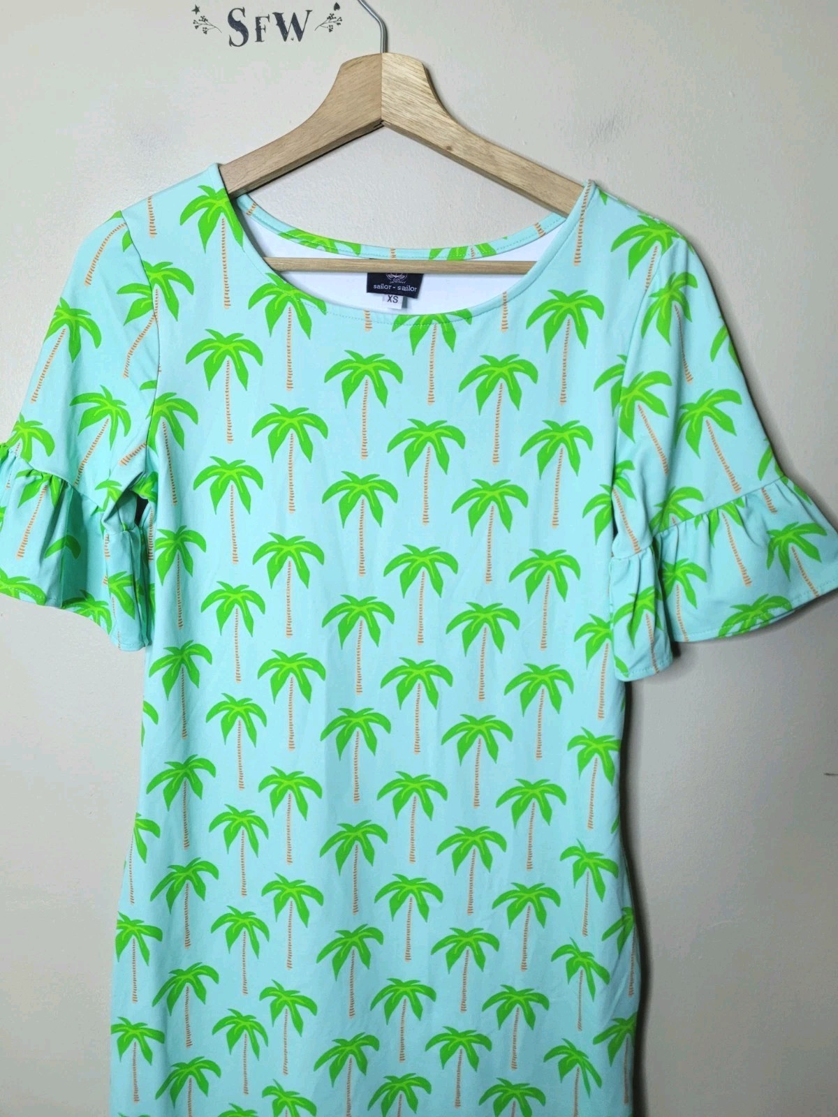 Sailor Sailor Palm Tree Shift Dress Preppy Ruffle Sleeve Packable Size XS
