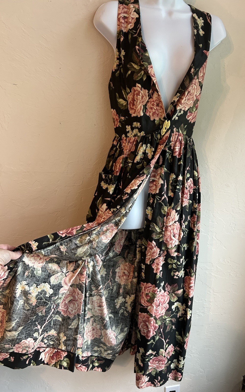 Vintage 80s 90s Pineapple Patch Overall Dress XS Midi Asymmetrical Cottagecore