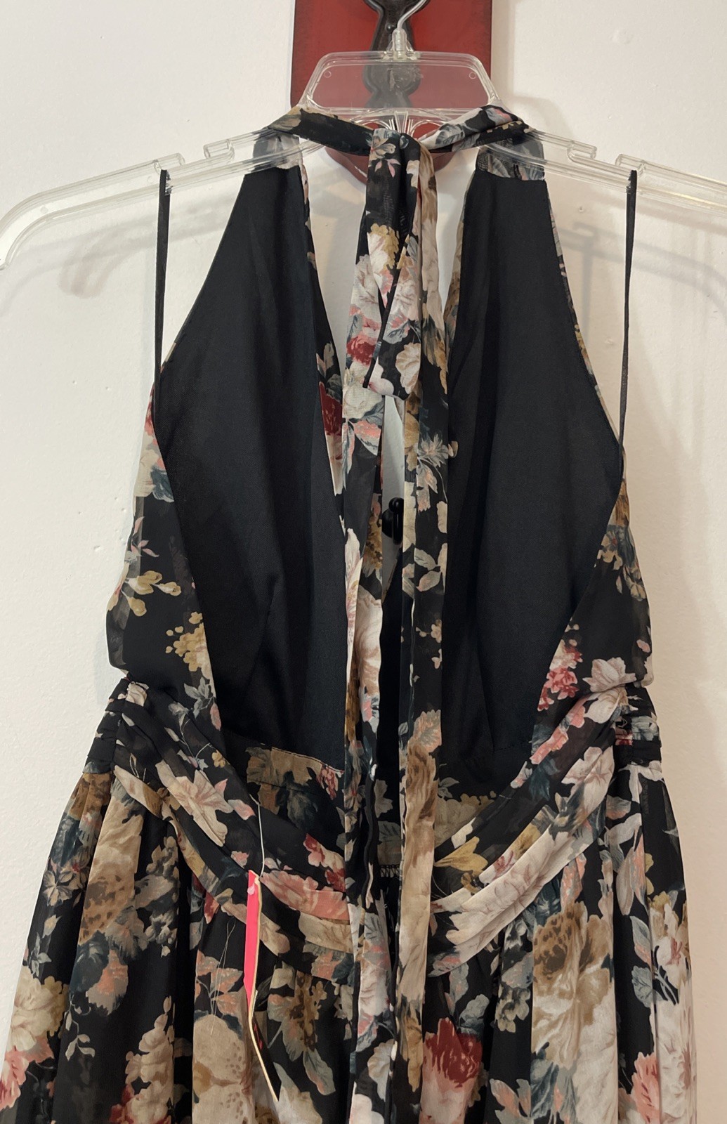 Xtaren Womens Large Black Floral Deep-Vneck Lined Halter Maxi Dress NWT! A2146