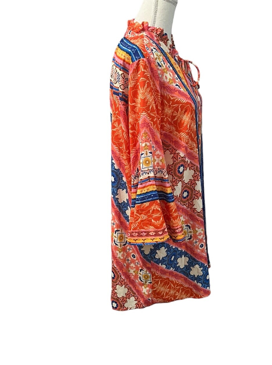 Umgee Orange Multicolor Bohemian Peasant Bell Sleeves Dress/Tunic Keyhole Small