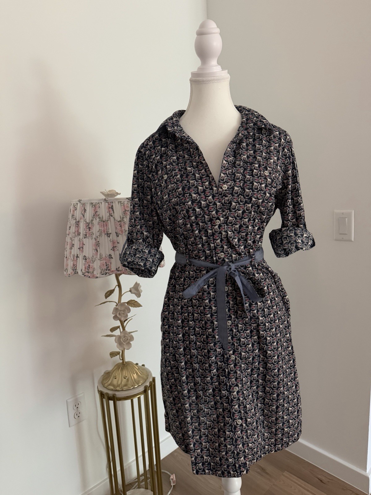 Tommy Hilfiger Navy Teacup Print Shirt Dress Belted Knee Length Size M