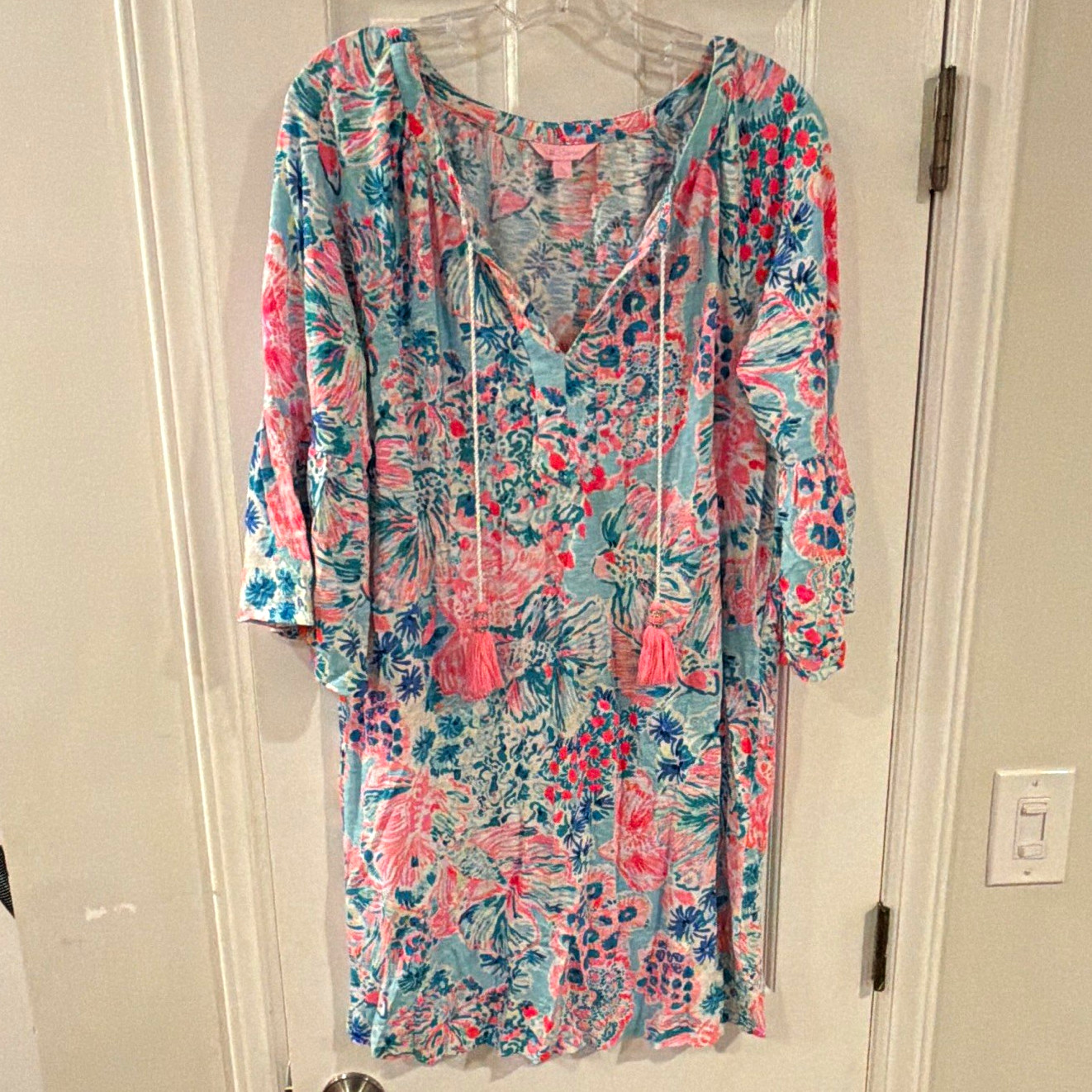 Lilly Pulitzer Pink Blue White V-Neck 3/4 Cover Up – Large