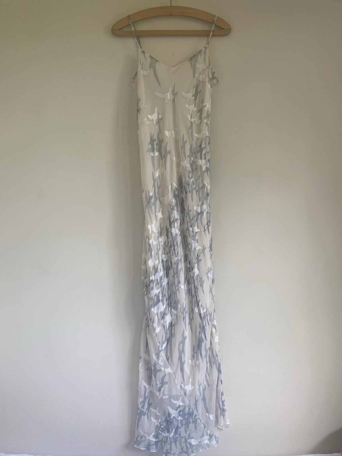 4LoveAndLiberty Small Off White Silk Devore Bird Dove Print Cascading Maxi Dress