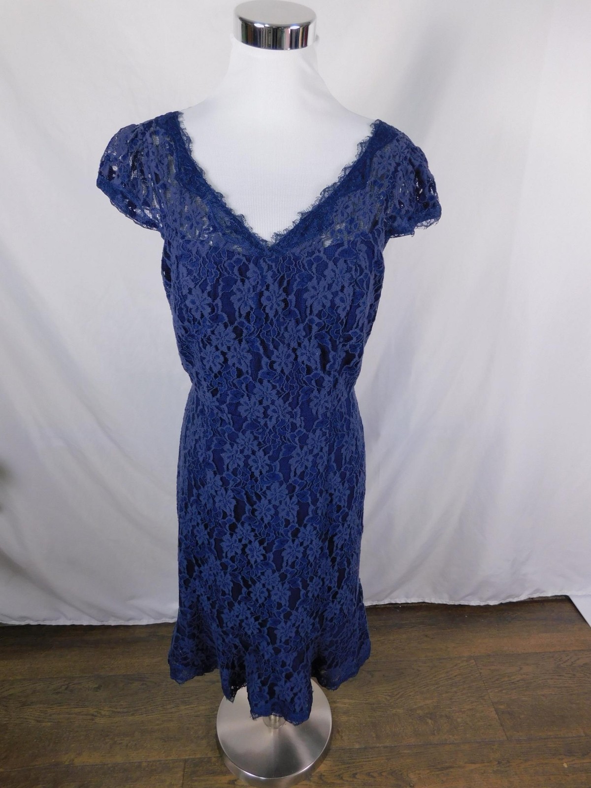 McGinn Dress Womens 6 Blue Lace Fit Flare V Neck Cap Sleeve Cocktail Party