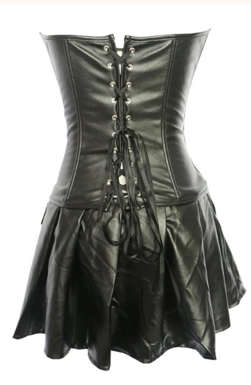 Women Gothic Faux Leather Dominatrix Lingerie Black Femdom Corset & Skirt Dress